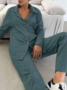 SHEIN Cottnline Cotton Ladies' Solid Color Ribbed Crop Top And Wide Leg Pants Two Pieces Set - Teal Blue - View 4