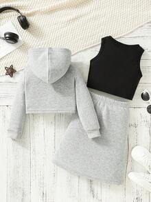 SHEIN Toddler Girls' 3pcs/Set Letter Printed Hoodie, Black Tank Top, Patched Detail Skirt Outfits - Grey - View 2