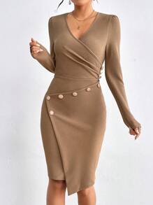 SHEIN Privé Vestido Plisado Con Detalle De Botones Y Cuello En V De Color Liso Para Mujer - Caqui - Ver 6