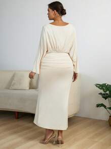 SHEIN Clasi Plus Size Women's Batwing Sleeve Pleated Dress - Apricot - View 2