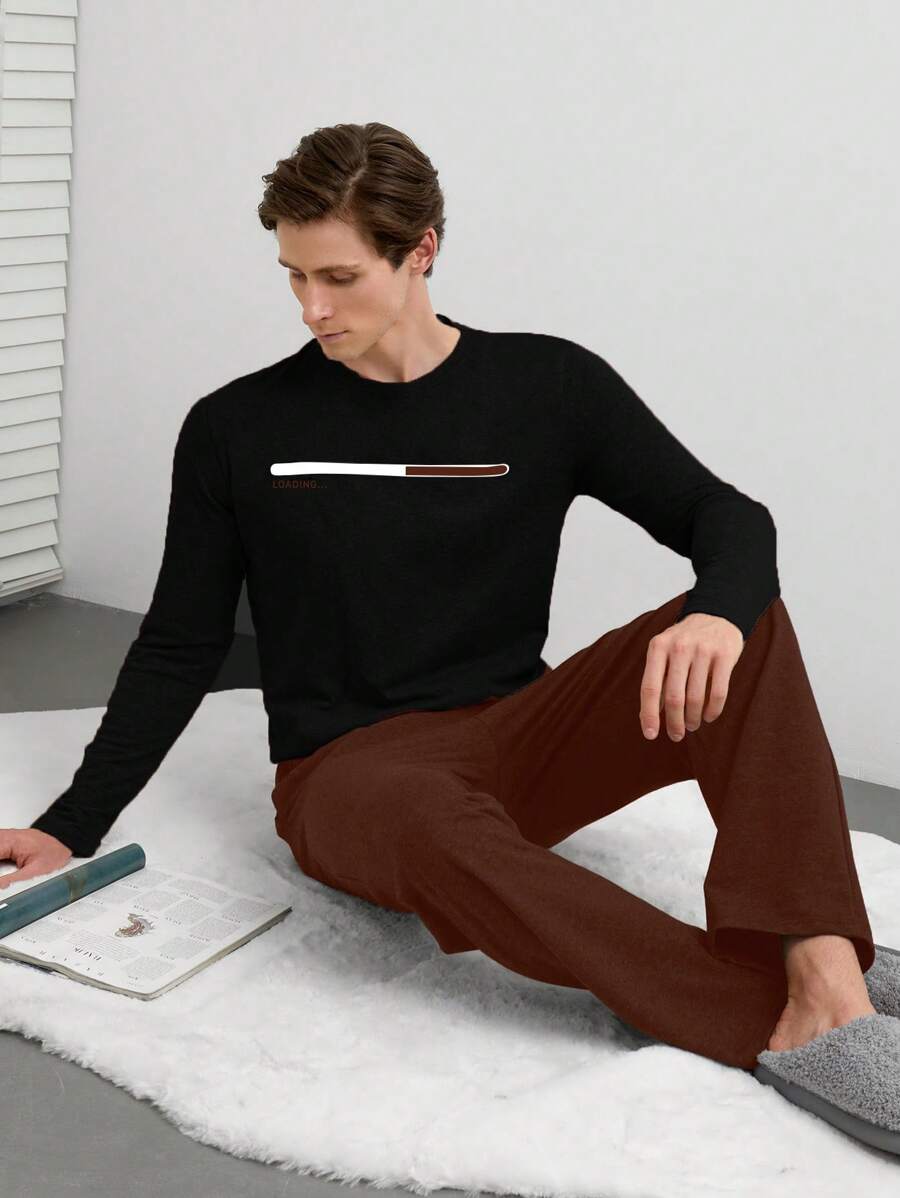 SHEIN Cottnline 男士印花長袖t恤和長裤家居服套裝 - 棕色 - 查看 1