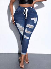 SHEIN SXY Plus Size Women High Waisted Skinny Jeans, Sexy Fit Casual Denim Pants For Party, Valentine's Day, New Year - Dark Wash - View 7