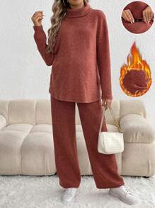 SHEIN 孕婦煙囪領落肩T恤&可調節腰圍長褲 - 鏽棕色 - 查看 1