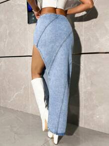 SHEIN BAE Asymmetrical High Slit Denim Skirt