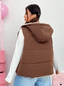 SHEIN EZwear Của phụ nữ Kích thước lớn Đệm Áo vest Với Tai 3D Trang trí - Cà phê nâu - Xem 2