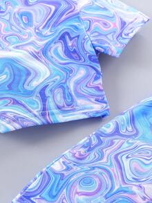 SHEIN Young Girl Marble Printed Short Sleeve T-Shirt And Flare Pants Outfit - Multicolor - View 6