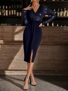 Allurite Women's V-neck Pleated Slit Dress - Navy Blue - View 4