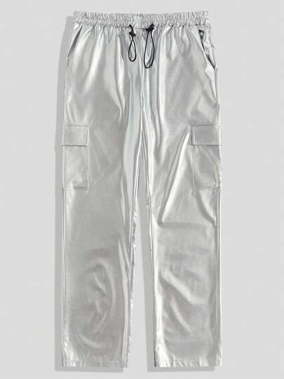 Grunge Punk Men's Drawstring Belt Pu Leather Utility Cargo Pants, School