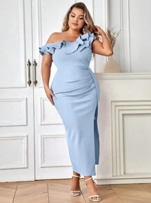 One Shoulder Fishtail Sleeveless Ruched Hip Wrap Dress - Baby Blue - View 1