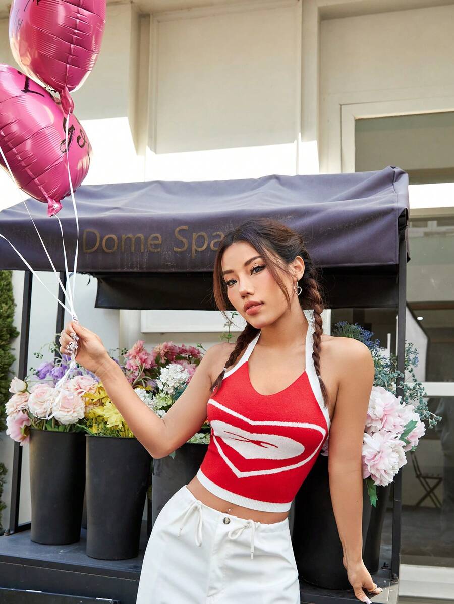 SHEIN EZwear 女款心形圖案掛脖針織上衣 - 紅白色 - 查看 1