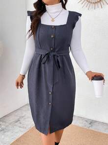 Calvaya Kích thước lớn Viền Ruffle Nút Lên Eo Thắt lưng Với Dây đeo vai Đầm - Nhiều màu - Xem 5