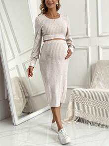 SHEIN Maternity Pearl Decor Crop Top And Adjustable Waist Skirt Set - Apricot - View 7