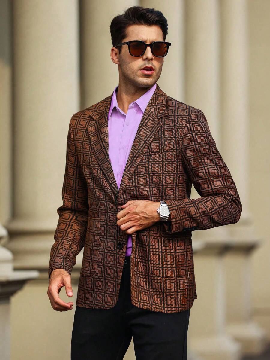Manfinity Mode Men's Slim Fit All Over Print Suit Jacket - Brown - View 1