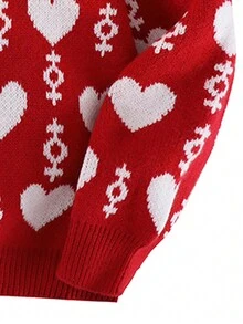 Men's Loose Fit, Round Neck, Sweater With Red Heart Print For Autumn/Winter, Suitable For Couples - Red - View 3