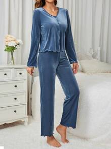 女款純色天鵝絨家居服套裝 - 藍色 - 查看 5