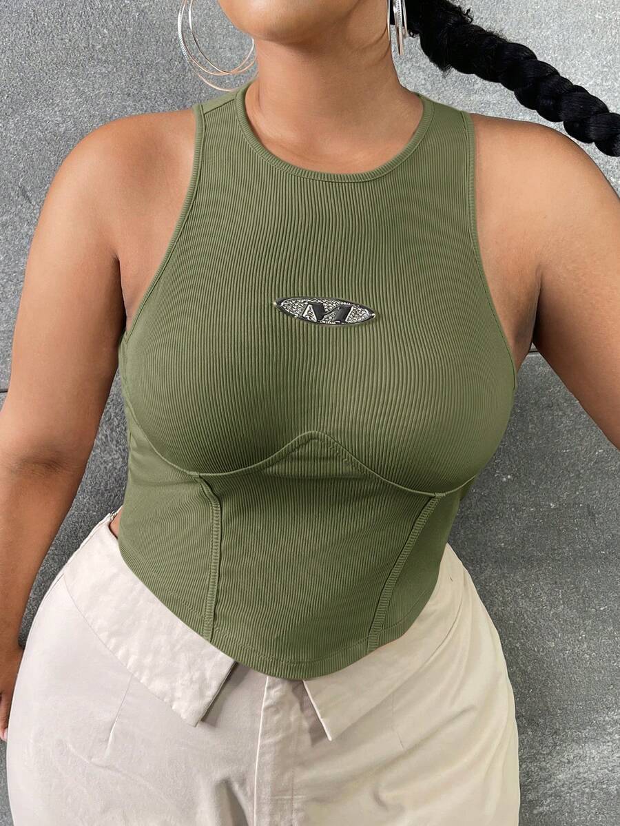 SHEIN SXY Plus Size Women's Solid Color Ribbed Tank Top With Patch Detail