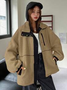 DAZY 對比邊飄落肩貓熊外套 - 駝色 - 查看 4