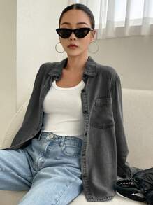 DAZY Women's Long Sleeve Denim Shirt,Jeans Jacket,Fall Women Clothes - Dark Grey - View 5