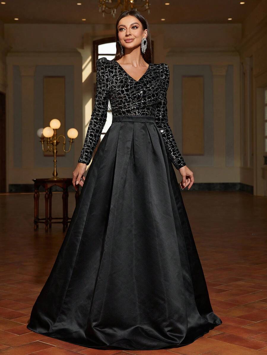 Faeriesty Gigot Sleeve Contrast Sequin Formal Dress - Black - View 1