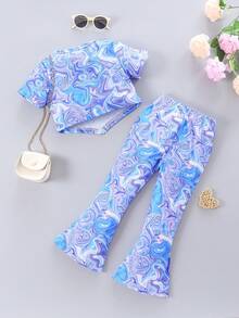 SHEIN Young Girl Marble Printed Short Sleeve T-Shirt And Flare Pants Outfit - Multicolor - View 2