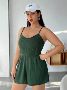 SHEIN EZwear Women'S Plus Size Solid Color Sleeveless Romper - Dark Green - View 3