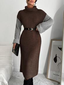 EURMUSE Women's High Neck Color Block Sweater Dress - Brown - View 3