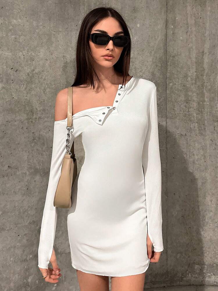 Asymmetrical Neckline Long Sleeve Dress