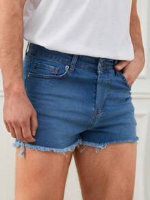 RueChic Men Raw Hem Denim Shorts - Blue - View 4