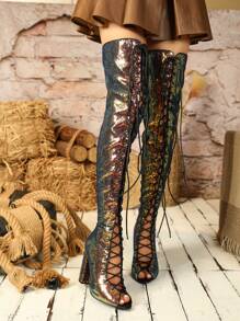 時尚閃閃發光高筒靴適合女士 - 棕色 - 查看 2