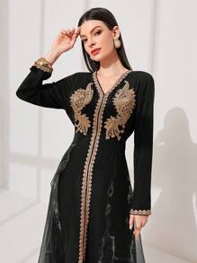 Al Najma Mesh Contrast Floral Applique Long Sleeve Dress Kaftan Jalabiya Dress - Black - View 4