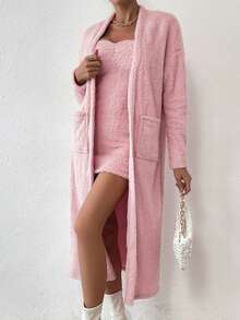 SHEIN Essnce 女士長毛絨純色肩帶連身裙和雙口袋針織開衫兩件套 - 粉色 - 查看 4