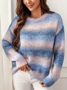 SHEIN Essnce Màu sắc thay đổi dần Thả vai Áo len - Xanh đậm - Xem 4