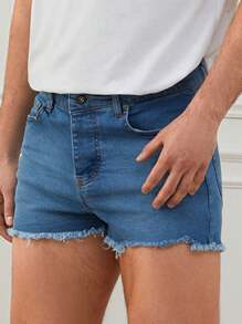 RueChic Men Raw Hem Denim Shorts - Blue - View 3