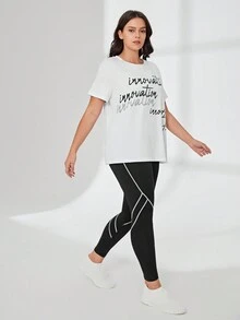 Easithlete 大碼字母圖案運動T恤和緊身褲 - 彩色 - 查看 5