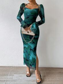 Chiquease Women's Tie-dye High Slit Dress With Ruffled Hem - Mint Green - View 5