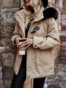 SHEIN LUNE Women's Hooded Padded Padded Coat Clothes Winter With Collar And Horn Button