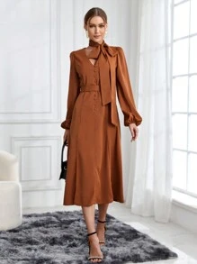 SHEIN Privé Vestido De Manga Farol De Color Liso Para Mujer - Marrón Mocha - Ver 5