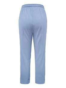 Jisfaneya Solid Color Button Pocket Straight Leg Pants With Lace Patchwork And Pleated Effect, Casual Straight Fit, Light Blue, Versatile For Spring/Summer - Baby Blue - View 2