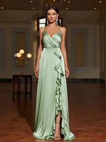 Faeriesty Đầm phù dâu bằng satin trơn thanh lịch, dây đeo mảnh, xẻ tà bên, viền bèo nhún | Đầm dạ hội sang trọng phù hợp cho đám cưới, tiệc tùng hoặc các dịp trang trọng mùa xuân - Màu xanh Bạc hà - Xem 3