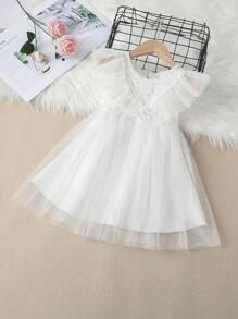 SHEIN Niñitas Vestido ribete con fruncido con encaje - Blanco - Ver 1
