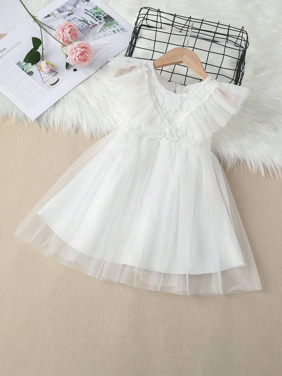 SHEIN Niñitas Vestido ribete con fruncido con encaje - Blanco - Ver 1