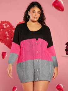 SHEIN CURVE+ Women's Plus Size Color Block Button Front Cardigan - Multicolor - View 4