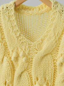 SHEIN Essnce 鏤空落肩袖小絨球詳細套頭毛衣 - 黃色 - 查看 3