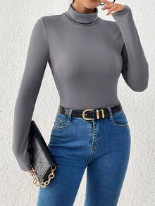 SHEIN Essnce Women's Collar Turn-down Ribbed T-shirt - Grey - View 5