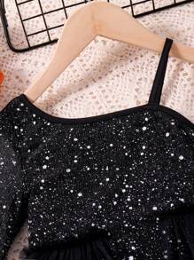 SHEIN Glamorique Kids Vestido Estilo Princesa para Menina Jovem, Elegante, com Tecido de Tule Brilhante e Contrastante, Ideal para Férias, Verão e Viagens - Preto - Visão 5