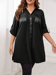 EMERY ROSE Plus Size Roll-up Sleeve Side Split Shirt - Black - View 3