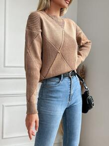 女性純色垂墜肩針織毛衣 - 駝色 - 查看 5