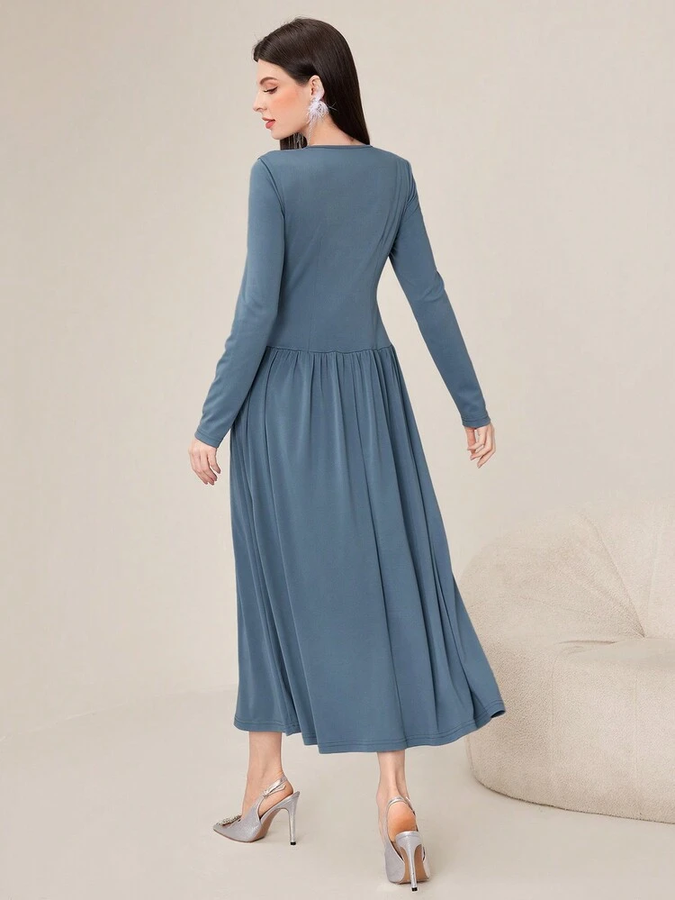 Women's Twisted Knot Pleated Long Sleeve Dress