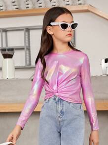 SHEIN Tween Girl Sweet Casual Fit Colorful Round Neck Long Sleeves - Watermelon Pink - View 1