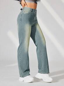 SHEIN EZwear 女士直筒牛仔褲 - 藍色 - 查看 2